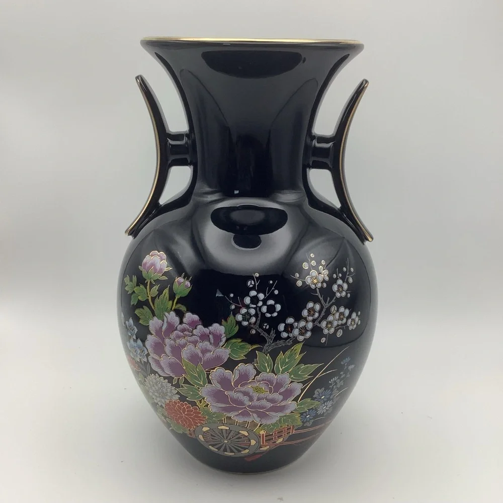 Large Black Two Handled Japanese Vase